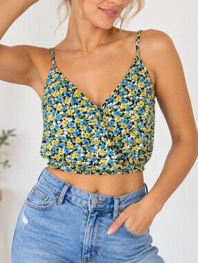 SUGAR 17 | Women’s Yellow & Blue Floral Cropped Tank Top Size M